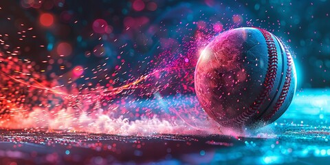 A vividly colored backdrop depicting a lively cricket ball with digital effects of fire, radiates, and blue conveys the volume of the game and space, Generative AI.