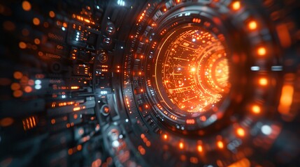 Fototapeta premium Futuristic tech wallpaper featuring abstract blue light bands intertwined with geometric shapes, embodying surrealism
