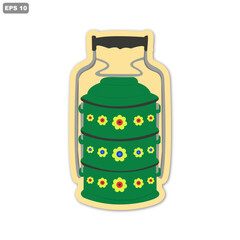 Tiffin food carrier stainless vector. Tiffin food carrier vector image with green color and beautiful floral pattern