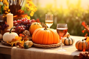 Autumn Table Setting With Pumpkins And Fall Leaves Closeup