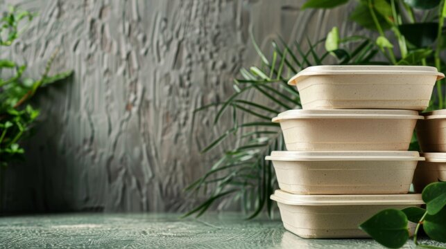 A stack of compostable takeout containers labeled Meal prep for a greener planet our packaging dissolves within 90 days..