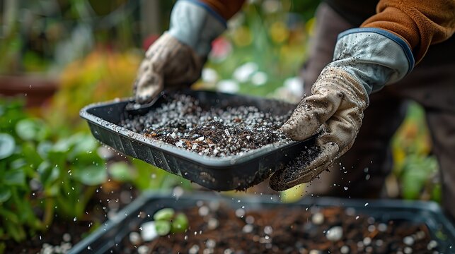 In a vegetable garden, a gardener sporting safety gloves deploys wood ash from a tray to the topsoil in order to fertilize and add potassium and space, Generative AI.