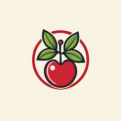 Stylized red cherry with green leaves encircled by a bold red ring on a light background.