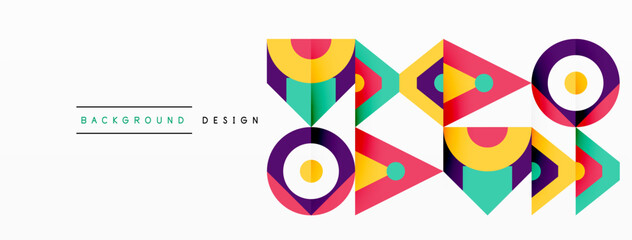 Obraz premium A vibrant geometric design featuring arrows, circles, and triangles in magenta and electric blue colors. Symmetrical patterns perfect for a Tshirt design or art event