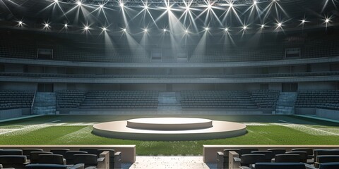 A central platform in a stadium with rows of vacant seats and bright flashes, ideal for displaying products in a grassy soccer field.