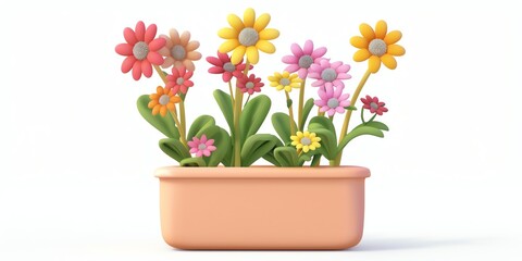 Flowers in a planter, 3D, picus, childish style, on a white background aspec ratio 2:1