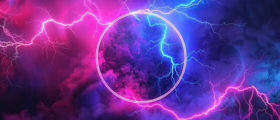 Lightning circle. Synth wave and retro wave, vaporwave futuristic aesthetics. Glowing neon style. Horizontal wallpaper, background. Stylish flyer for ad, offer, bright colors and smoke neoned effect.