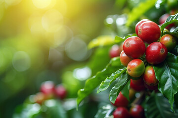 Ripe Coffee Cherries in Sunlit Plantation. Lush coffee plant bearing ripe red cherries, ready for harvesting under a warm, diffused sunlight.