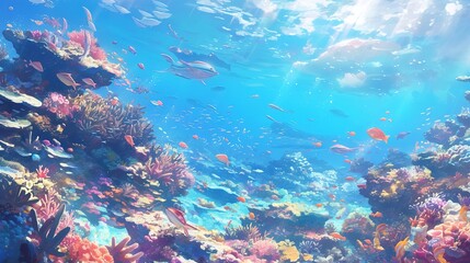 Fototapeta na wymiar Underwater landscape with many small coral and underwater plant ,Generative ai,
