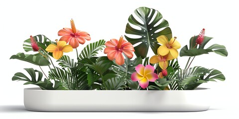 
Flowers in a planter, 3D, monstera, childish style, on a white background,