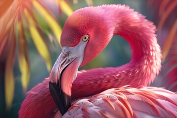 One pink flamingo bird closeup