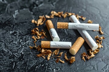 A collection of cigarette butts and scattered tobacco leaves lie on a dark, textured surface, portraying the remnants of smoking.