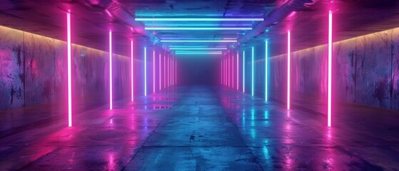 Neon Background Futuristic Sci Fi Cyberpunk Psychedelic Cosmic Luminous Purple Pink Blue Ultraviolet Laser Led Lights On Dark Grunge Concrete Tunnel Corridor 3D Rendering Illustration