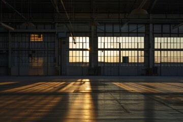 A deserted hangar at twilight, shadows lengthening across the floor as the last rays of sunlight fade from the windows, Generative AI