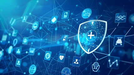 Fototapeta premium Healthcare Security in a Digital World Abstract Design with Medical Icons and Shield Symbol