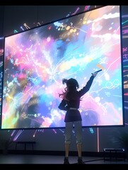 Obraz premium Futuristic visual stage art, where the audience stands on a huge holographic screen, displaying dynamic abstract patterns and fluid effects, creating a dreamy spatial world 