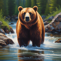Fototapeta premium Big brown bear in stream, painting 