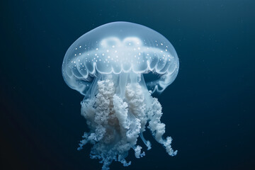 White Jellyfish in the dark blue ocean water