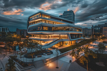 Modern public library's unique architecture captures attention at dusk in a vibrant city center.