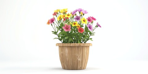 Flowers in a planter, 3D, childish style, on a white background, aspect ratio 2:1