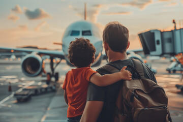 father and son travel and tourism in airport