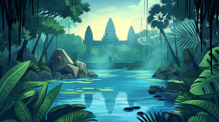 Cartoon tropical jungle forest swamp or lake landscape of Angkor Wat, Illustration.