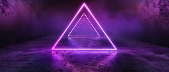 Purple neon triangle laser line with dark background, 3d rendering. Computer digital drawing.