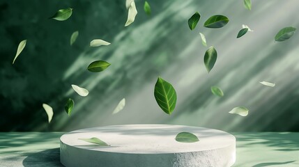 Podium mockup, green leaves background for product display, 3d render