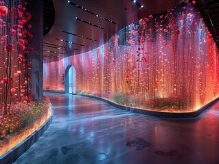 Obraz premium Futuristic visual stage art, a huge holographic screen displaying dynamic abstract patterns and fluid effects, creating a dreamy spatial world 