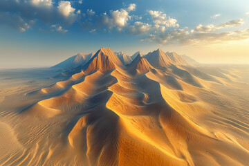 landscape of mighty mountains in the desert, dunes under golden light of sunset, beautiful rolling dunes, fantasy scene, aerial view, photorealistic // ai-generated 