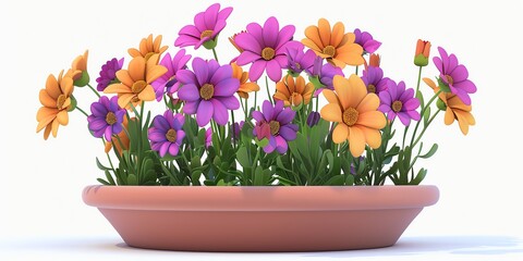 Naklejka premium Flowers in a planter, 3D, childish style, on a white background, aspect ratio 2:1