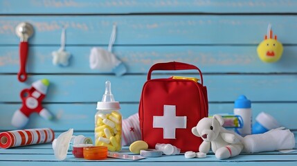 First Aid Kit Essentials Arranged in a Still Life of Baby Items on a Blue Wooden Table