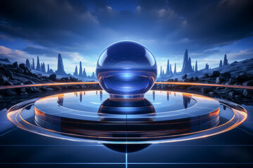 Empty product podium with electric blue, sphere, mirrored set against abstract panoramic background with neon lights around