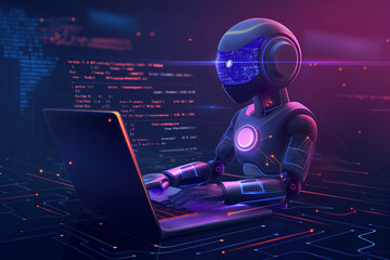 “The Coding Robot” A futuristic robot is engrossed in coding on a laptop, surrounded by a neon-lit, digital environment.