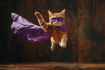orange cat jumps and flies