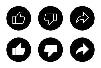 Like, dislike, and share icon on black circle. Social media elements