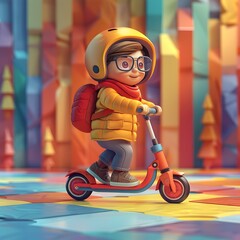 Youthful Boy Riding Colorful Scooter on Vibrant Geometric Surface