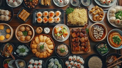 Assorted Chinese food set, Chinese noodles, fried rice, dumplings, peking duck, dim sum, spring rolls, Famous Chinese cuisine dishes on table, Top view, Chinese restaurant concept, Asian style banquet