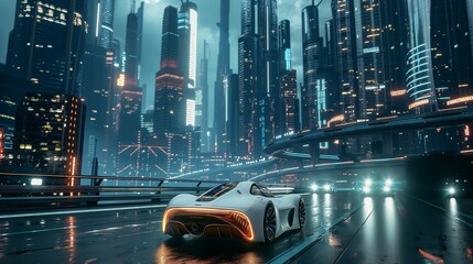 Futuristic Urban Exploration: Autonomous Car Navigating Modern Skyscrapers and Bustling City Life - Transportation Technology