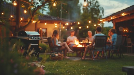 Summer Backyard Barbecue Party at Dusk. Cozy summer evening gathering around a fire pit in a lush backyard, with friends enjoying a barbecue.
