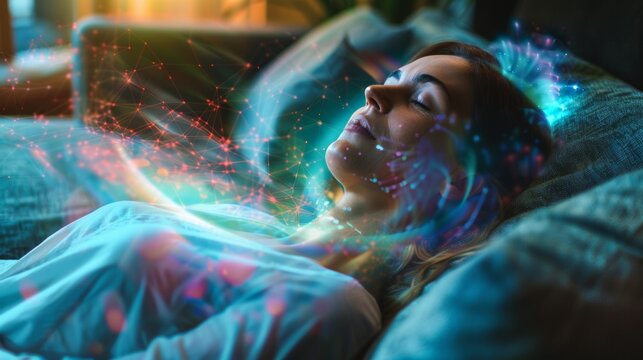 A person lying on a couch relaxed and in a trancelike state as a the uses hypnotherapy to access and edit a specific memory..