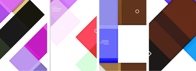 An artistic display of various shapes and colors, including rectangles, triangles, and vibrant shades like violet, magenta, and electric blue, creating a colorful pattern on a white background