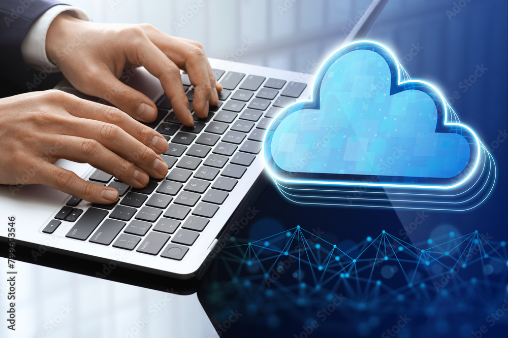 Poster Using laptop for accessing cloud. Cloud computing service and data management.Businessman and cloud icon.