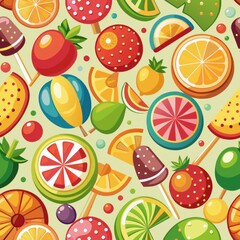Seamless pattern of fruity hard candies and fruit slices, Generative AI 
