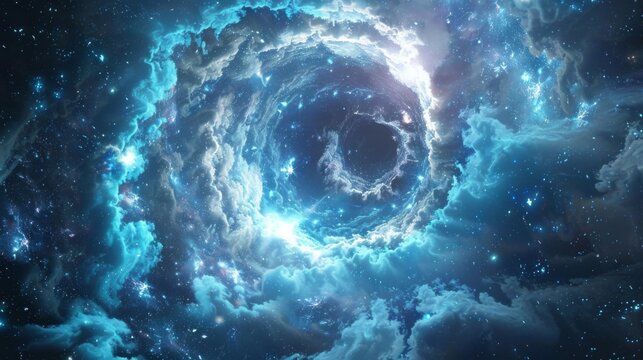 A shimmering portal appearing in the night sky created by a powerful sorcerer who has harnessed the planetary alignment to open a . .