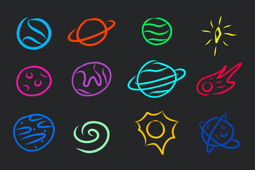 Collection set of doodle planets space objects . stars solar system hand drawn vector illustration