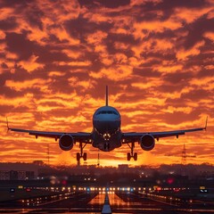 Passenger Jet Ascending into Fiery Amber Tinted Twilight Sky with Dramatic Dynamic Composition