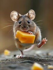 Cheese Temptation: Cute Mouse Holding Cheese, Rodent Delicacy in Kitchen Setting - Adorable Snack Time