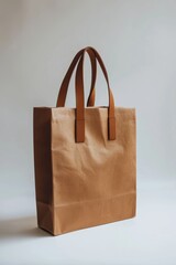 A simple shopping bag in brown paper material isolated on a white background. with empty copyspace usable for logo or text.