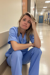people of ai // sad blonde nurse sitting on the floor in a hospital, resting hand behind her forehead, stetoscope, photorealistic // ai-generated 